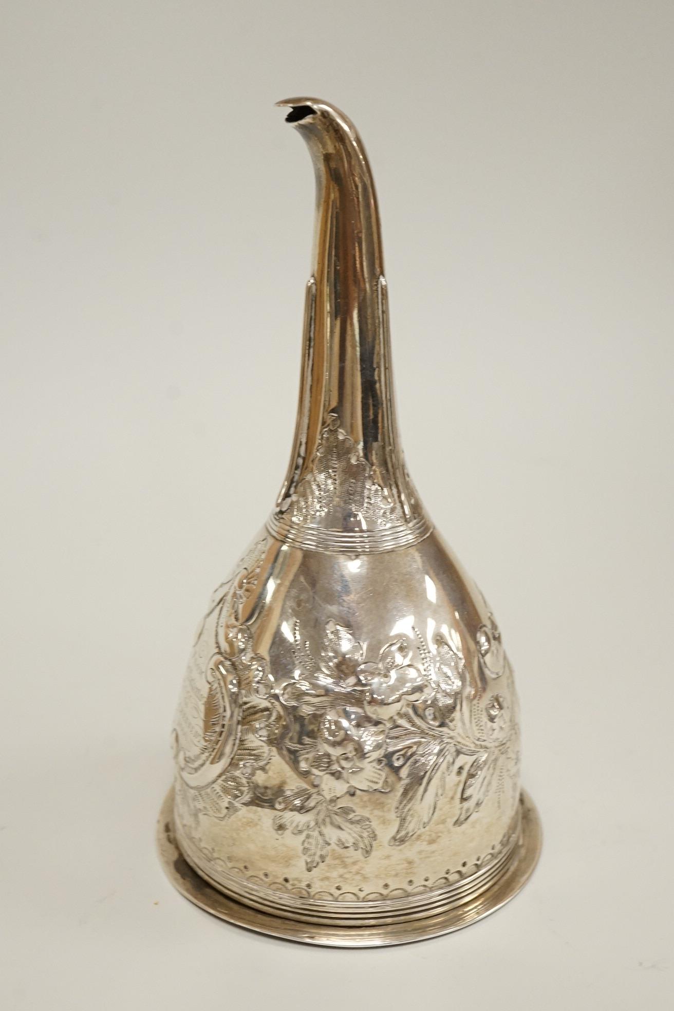 A George III silver wine funnel, with later embossed decoration and later engraved inscription, Crispin Fuller, London 1802, 13.4cm (a.f.).